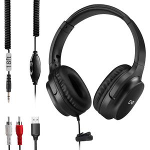 18 Ft / 5.5M Extra Long Cord Headphones for TV & PC with Volume Control, Extension Spring Coiled Cord, 3.5mm AUX with USB & RCA Adapter, Over-Ear Headphone for Smart & Old TVs