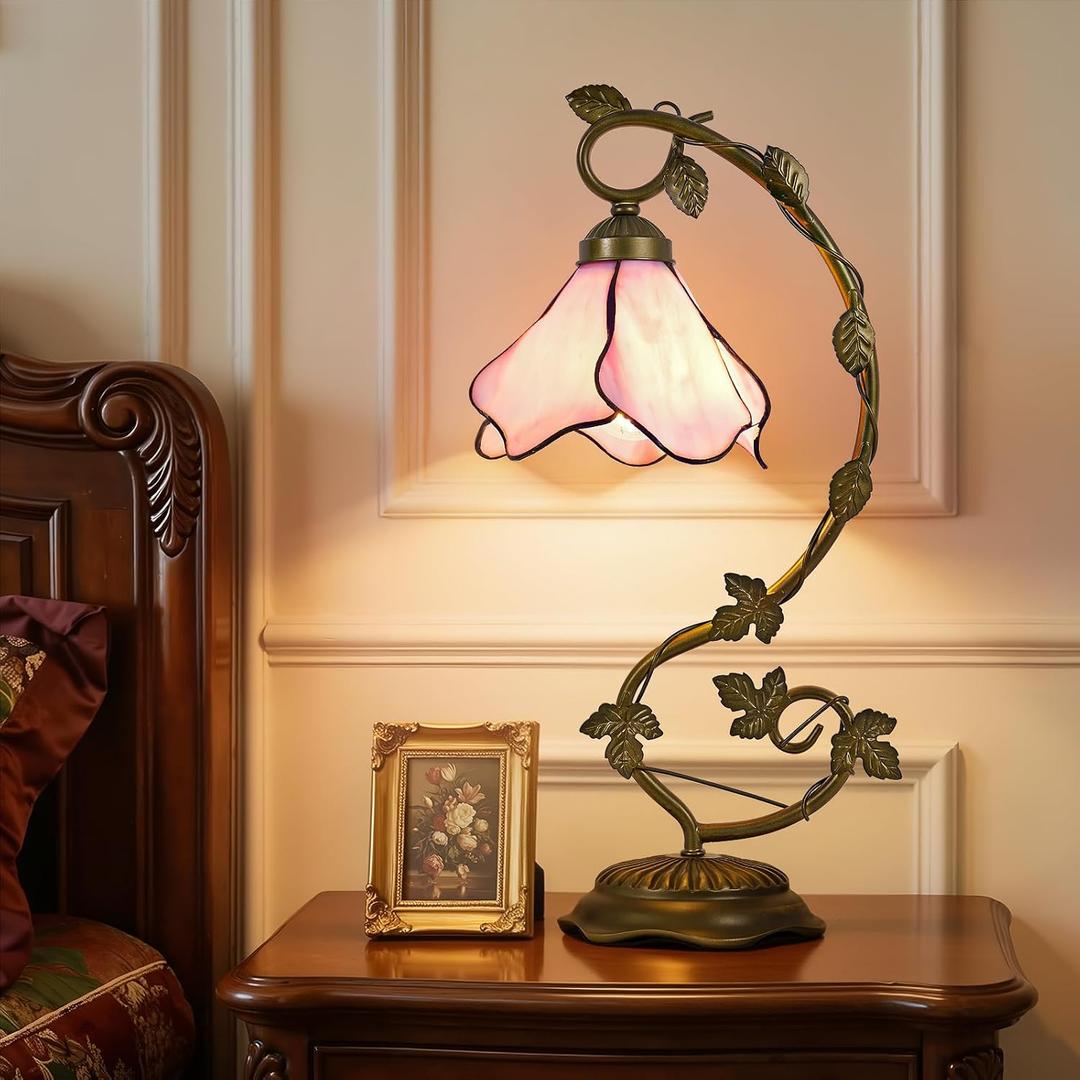 Tiffany Table Lamp Pink Flower Stained Glass Lamp Metal Leaf Base | 7.5" W x 20.2" H Vintage Bedside Reading Desk Lamp, Nightstand Lamp for Living Room, Bedroom, Home Office, Bulb Included