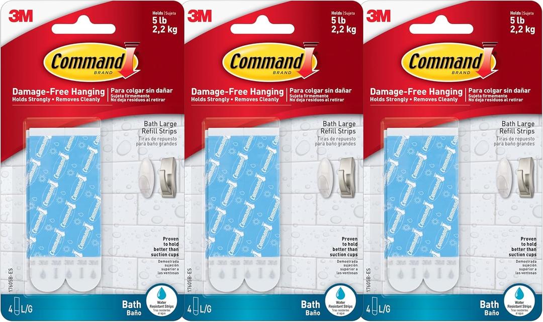 Command Water-Resistant Adhesive Refill Strips, Large (Pack of 12)  Damage-Free Hanging for Bathroom Hooks & Shower Caddies in Humid Areas, No Tools Needed, Holds 5 lb