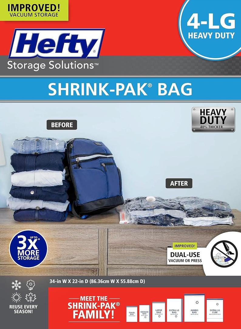 Hefty Shrink-Pak Heavy Duty Vacuum Storage Bags  For Clothes, Pillows, Towels, Blankets & More  Space Saver Vacuum Suction Seal for Home or Travel  4 Large Bags, 34 x 22 Inches