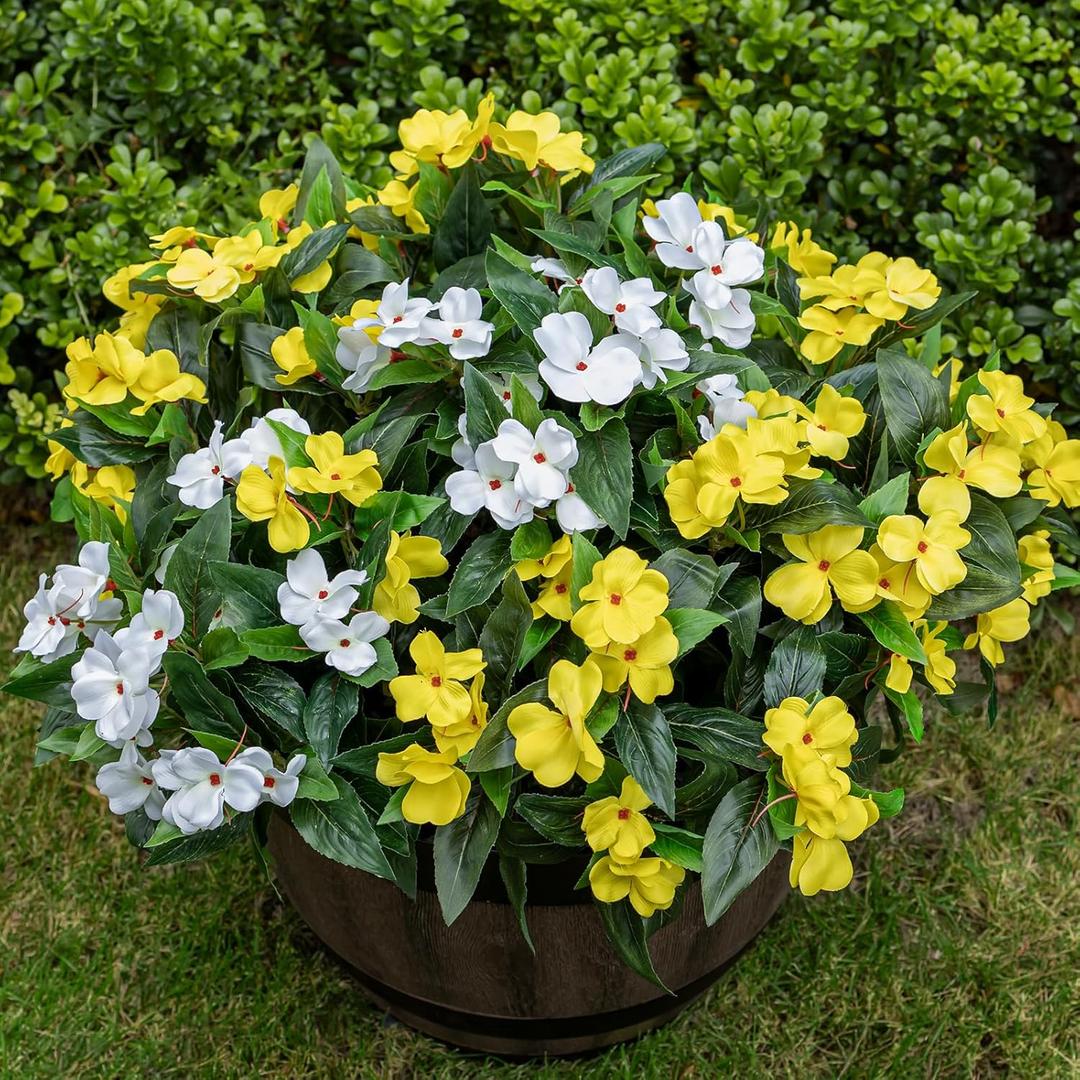 Nigirior Artificial Fake Flowers for Outdoor Dcor 6 Bundles UV Resistant Fake Plants for Planter Faux Impatiens for Home Porch/Garden StunningYellow/White