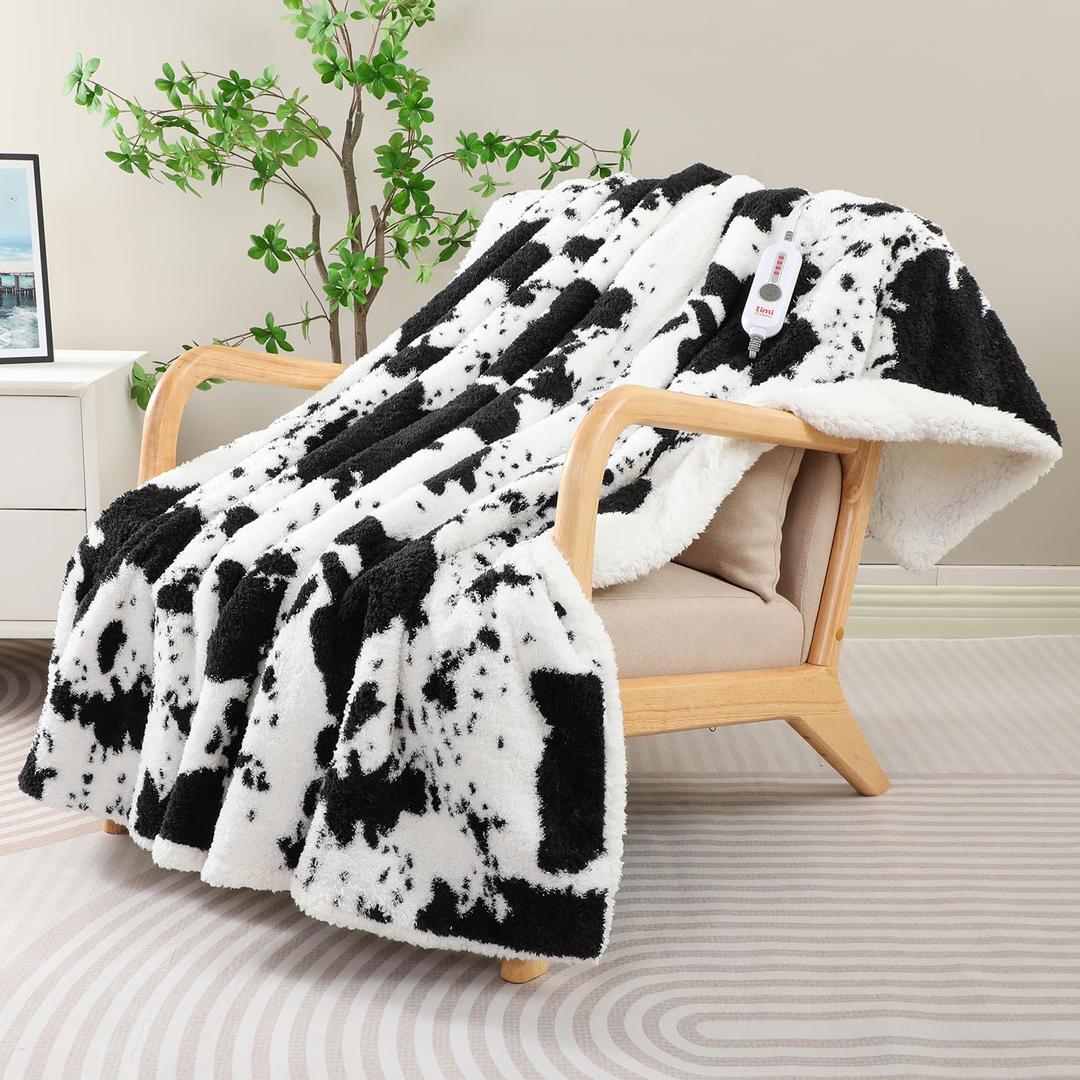 Cow Print Electric Blanket- Twin Size Cozy Soft Knitted Sherpa Heated Blanket with 4 Heat Levels & 4 Hours Auto-Off, Overheating Protection, Warm Gifts, 62"x84"