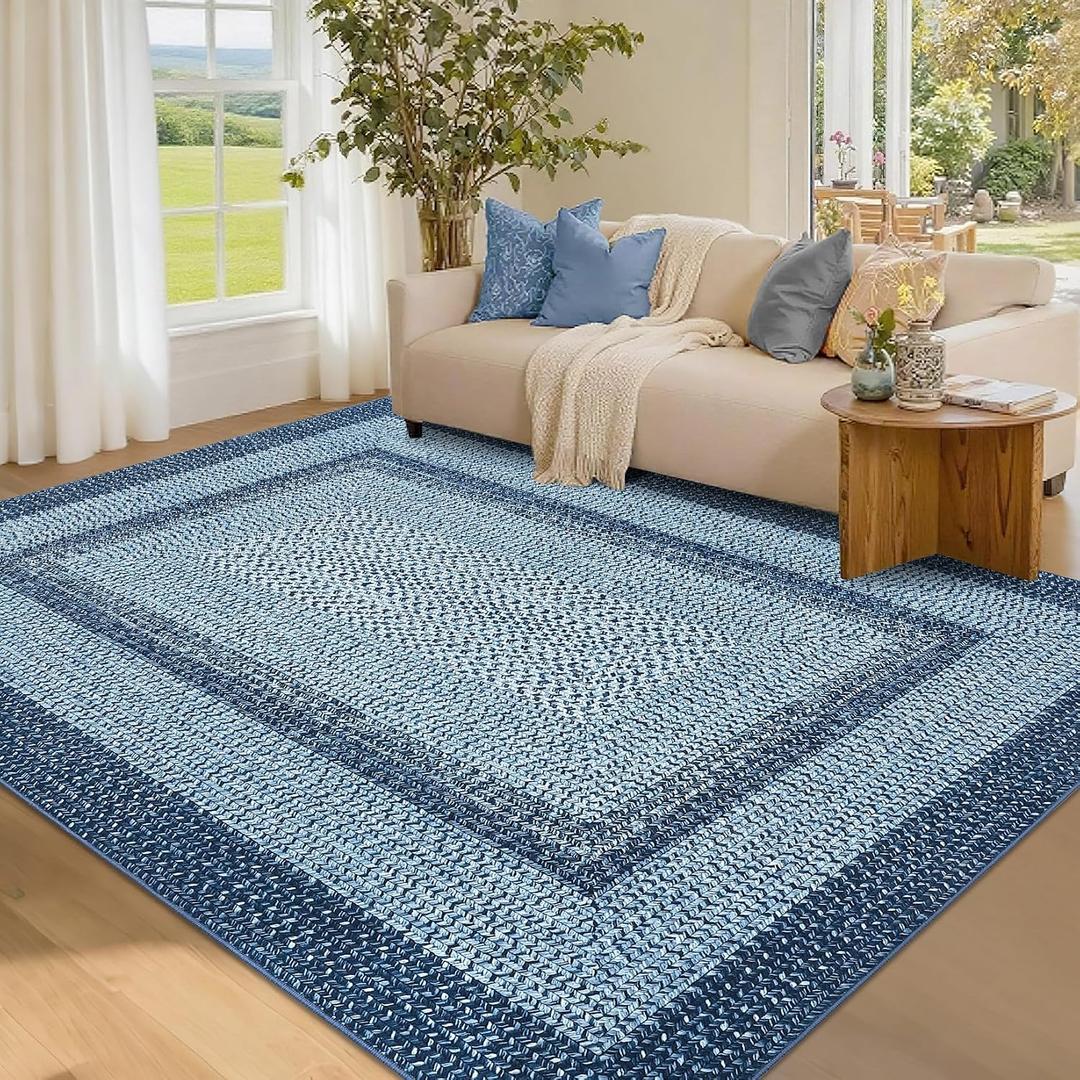 Washable Area Rugs 4x6 Rug for Living Room Indoor Mats for Entryway Soft Bedroom Rug Non Slip Modern Braided Print Area Rug Farmhouse Throw Rugs Low Pile Stain Resistant Carpet 4'x6' Blue