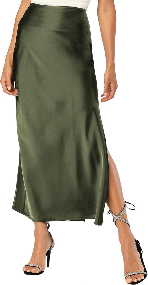 Womens Satin Silk Maxi Slit Skirt Elastic Waistband Maxi Long Satin Slit Skirts for Women (Medium, Army Green)