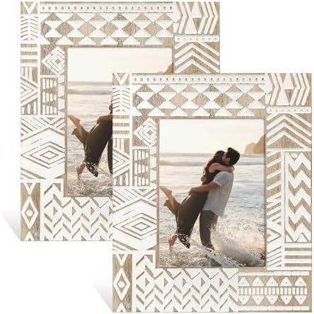 FOLKOR 5x7 Boho Frame for Friend Dog Wedding Photos, 2 Pack Rustic Wooden Picture Frames with Stand, Horizontal or Vertical Display, Distress White Frame for Living Room Bedroom Decoration Unique Gift