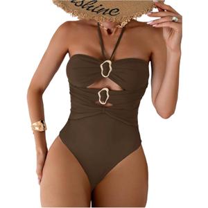 Verdusa Women's Cut Out One Piece Swimsuit Backless Halter Bathing Suit (Medium, Brown)
