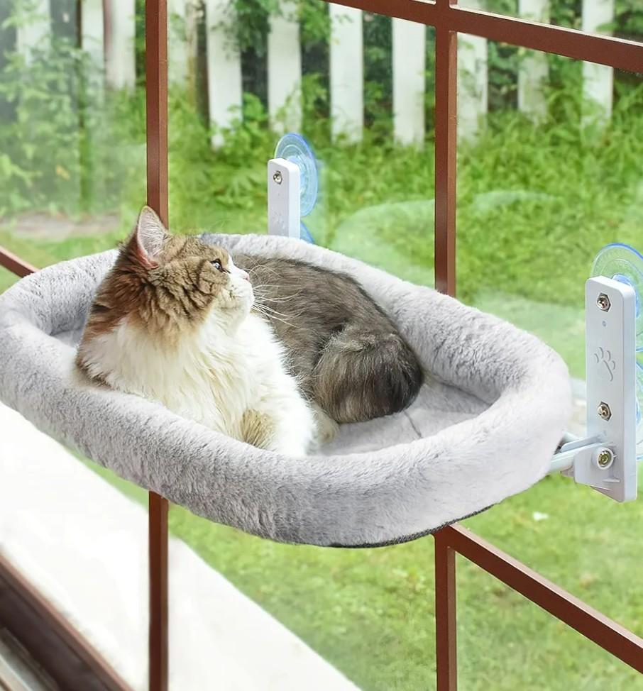 Cat Window Perch, Cat Hammock for Wall with 4 Strong Suction Cups, Solid Metal Frame and Two Replaceable Covers, Foldable Cat Beds for Indoor Cats (Large-Cushion Bed-Gray)