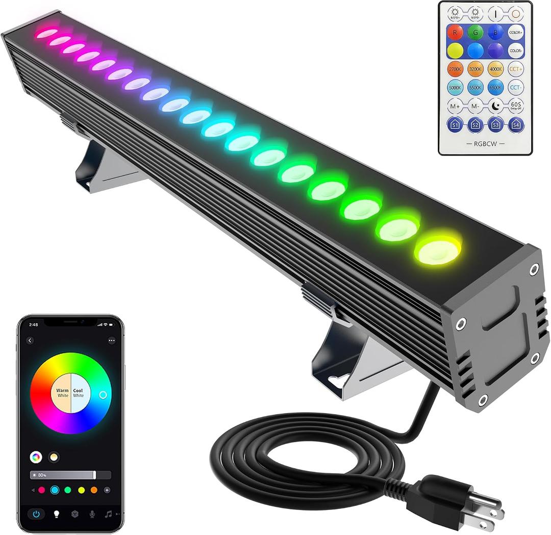 Smart Outdoor RGBCW LED Light Bar 20, Color Changing Wall Washer with App & Remote Control, 2700K6500K Tunable White Floodlight, IP65 RGB Stage/Porch Lights for House, Music Sync,, 20" Adjustable Color