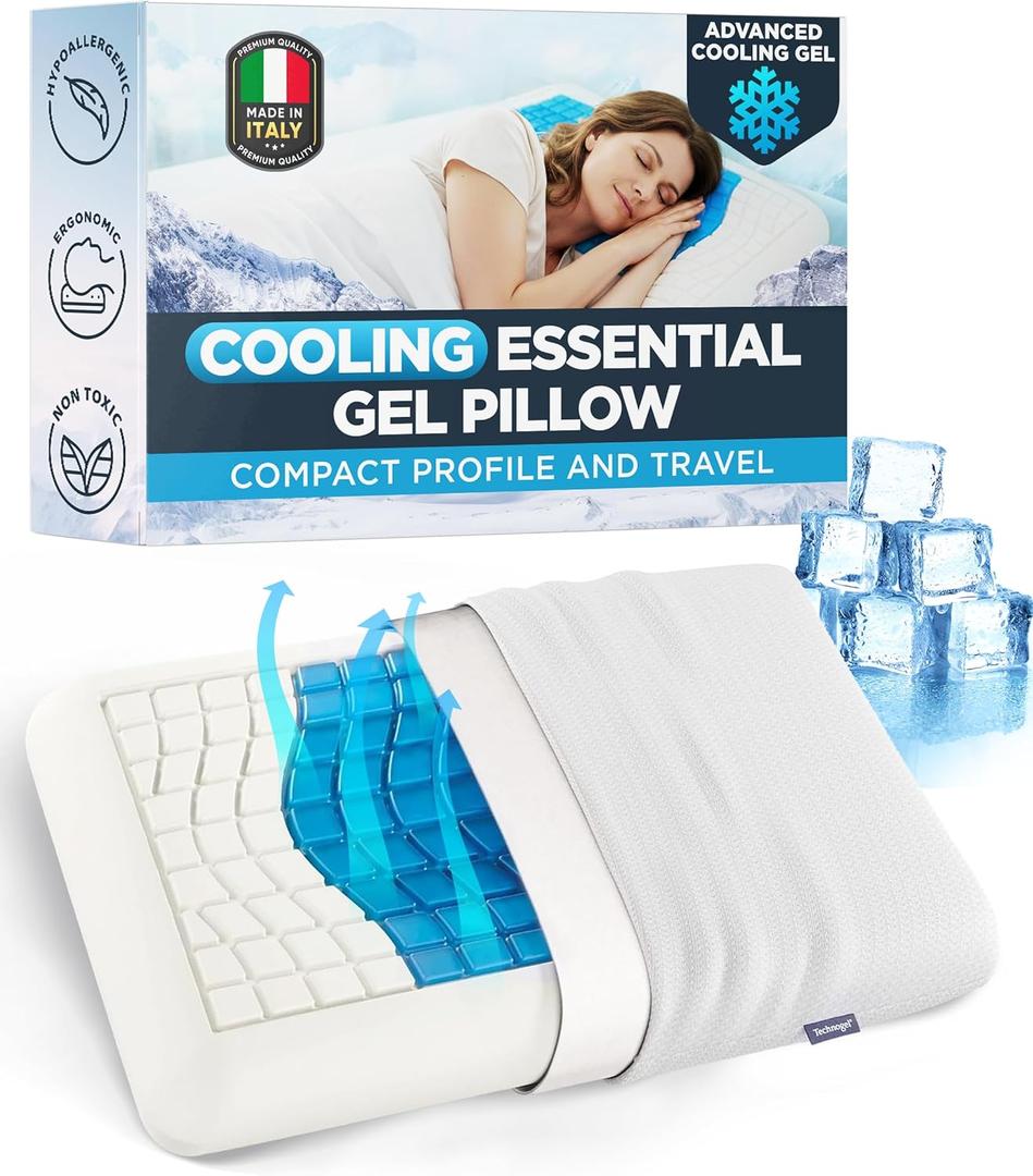 Medium Essential Gel Pillow 4.5" Memory Foam w/ Cooling Gel Zone for Heat Reduction, Compact Profile for All Sleep Positions & Travel, Washable Cover, Pressure Relief & Neck Alignment Italian-Made