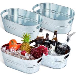 Tessco 4 Pcs 4 Gallon Galvanized Metal Tubs Large Ice Buckets for Parties Beverage Drink Tin Bins Champagne Cocktail Wine Cooler for Summer Mimosa Bar Supplies(Classic,Silver)