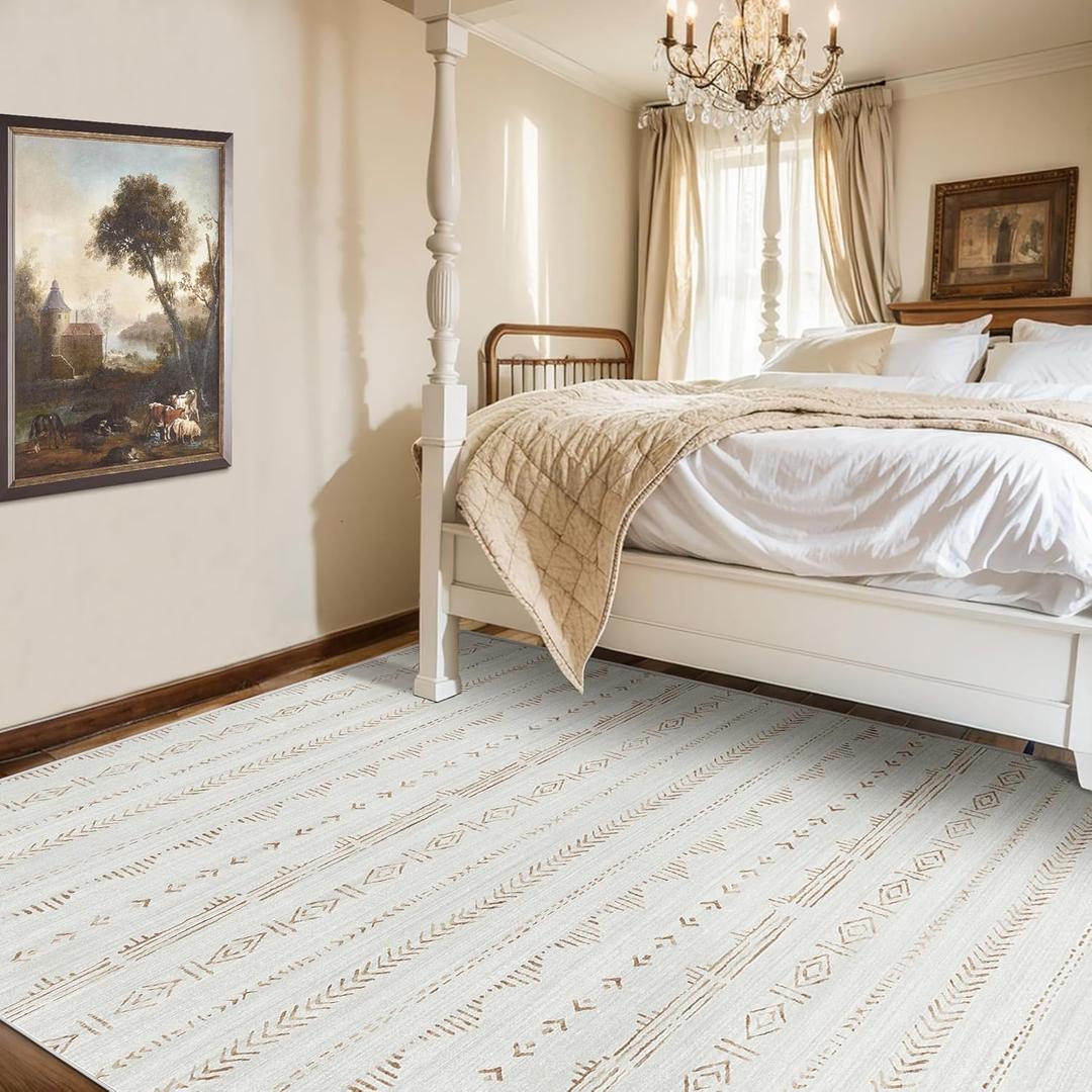 5x8 Living Room Rug, Moroccan Boho Machine Washable Rugs 5x8 Area Rug with Non-Slip Backing, Soft Low Pile Indoor Floor Carpet Neutral Rug for Bedroom Dining Room, Light Brown (5'x8')