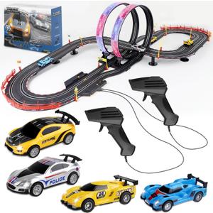 Slot Car Race Track Set, 19ft Electric Track with LED Lights and 4 Slot Cars, 2 Hand Controllers and Racing Game Lap Counters, Set Features Loop, Turns, and Crossover for Boys Age 6-12