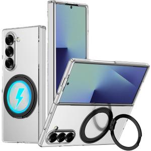 YQODSZ for Samsung Galaxy Z Fold 7 Clear Case with Rotating Ring Holder, Z Fold 7 Magnetic Case Support Wireless Charging Slim Thin Crystal Clear Hard PC Protective Cover Case for Z Fold 7 Black