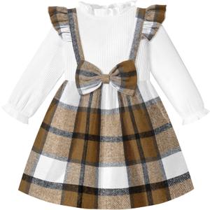 Toddler Girl Dress Plaid Ruffle Long Sleeve Bowknot Little Girl Dresses Fall Winter Outfits 3-7 Years (Brown)