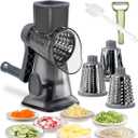 Rotary Cheese Grater Shredder with Handle Handheld Round Mandoline Vegetable Slicer Carrot Shredder Nut Grinder with 3 Replaceable Stainless Steel Drum Blades and Upgrade Strong Suction, Dark Grey