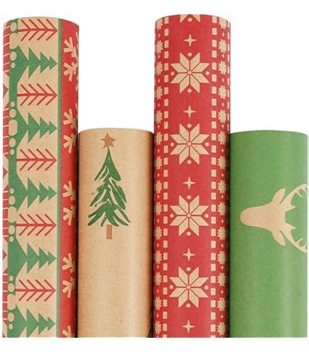 LaRibbons Christmas Wrapping Paper Set, Holiday Gift Wrap with Classic Deer/Red White Plaid/Berries Design, Perfect for Season Party, Xmas Presents & Decoration, 30 Inch X 10 Feet-4 Rolls