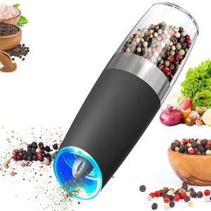 One Hand Automatic Operation, Stainless Steel Black,Gravity Electric Salt and Pepper Grinder Mill with Blue LED Light.Battery Powered Pepper Mill, Adjustable Coarseness,need 6 AAA batteries
