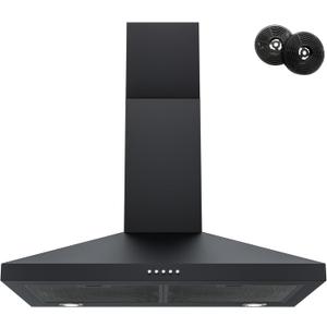FIREGAS Black Range Hood 30 Inch, Wall Mount Kitchen Hood Ducted/Ductless Convertible, 450 CFM, 3-Speed Exhaust Fan, Stainless Steel Stove Vent for Kitchen with LED Lights, Charcoal Filters