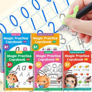 Large Magic Grooved Practice Copybook 5 Pack with Pens, Reusable Children's Magic Copybooks, Magical Handwriting Workbooks Number Letter Tracing for Kids Age 3-8 Kindergarten Preschool Calligraphy