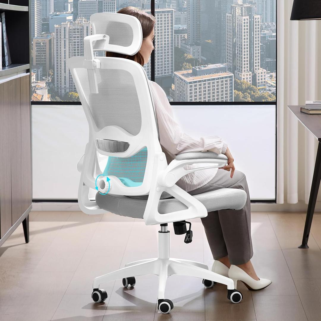 Ergonomic Office Chair,Mesh Office Chair with Lumbar Support,High Back Desk Chair with Flip-up Arms,400 lbs Big and Tall Computer Chair with Headrest,Comfy Desk Chairs (Light Grey), Standard