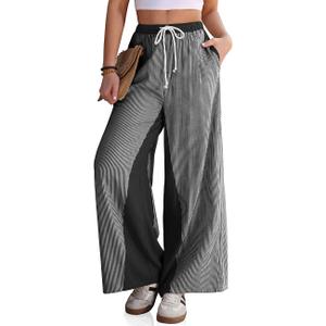TARSE Womens Linen Wide Leg Pants Striped Drawstring Elastic Waist Loose Fit Summer Boho Casual Trendy Pants with Pockets (S)