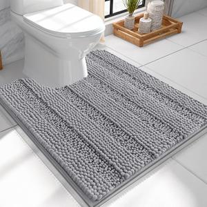 OLANLY Thick Toilet Rugs U-Shaped 24x20, Extra Soft Absorbent Chenille Striped Contour Bathroom Rugs for Toilet, Dry Quickly, Machine Washable, Non-Slip Bath Mat, Grey
