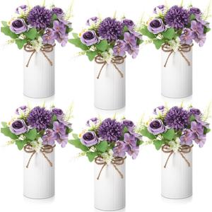 Domensi 6 Sets Wedding Centerpiece for Table Decoration Dark Purple Artificial Fake Rose Flower with Metal Vase Faux Silk Rose Bouquet Floral Arrangement for Bridal Shower Home Dining