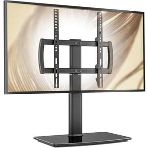 Universal Swivel/Table Top TV Stand 27 to 60 inch TVs 80 Degree Swivel, 4 Level Height Adjustable, Heavy Duty Tempered Glass Base, Holds up to 99lbs Screens, HT04B-001