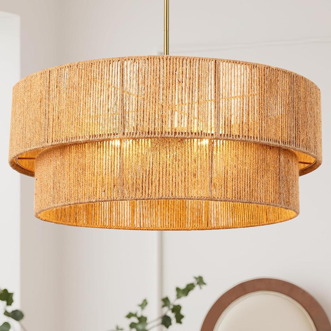 23.6'' Boho Rattan Chandelier Hand Woven Chandelier Light Fixture 3-Light Farmhouse Drum Pendant Light for Dining Room Bedroom Kitchen Hallway Foyer