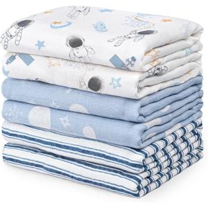 GLLQUEN BABY Receiving Blanket Boy Cotton Muslin Swaddle Blankets Girl Newborn Squares Breathable & Soft Thin Baby Blankets Cloths Double Absorbent Infant Swaddling Wrap - 6 Pack (Blue Astronaut) 27x27