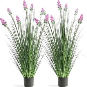 FloraFairy 4ft 2-Pack Horsetail Reed Grass with Purple Cockscomb Flower, 48in Tall Indoor Outdoor Green Onions Fake Plants in Pot, Home Office Decorative Artificial Plant & Greenery, Wedding Dcor