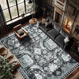 9x12 ft Washable Area Rug, Non-Slip, Black & White Boho Design for Living Room, Patio & Indoor Outdoor Use  Perfect for Home Dcor & Modern Spaces
