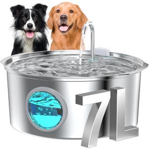 Dog Water Fountain for Large Dogs: 7L/236oz/1.8G Dog Fountain Stainless Steel - Big Cat Drinking Fountain Indoor - Super Quiet Water Fountain for Dogs Inside - for Large Dog Cats & Multi-Pet Home