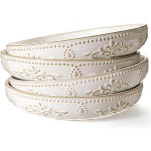Artena Pasta Bowls, 50oz Large Salad Serving Bowls, 9.75'' Plates Bowls Set of 4, Big White Ceramic Soup Bowls for Kitchen, Embossment Shallow Dinner Bowl, Microwave Dishwasher Safe, Damask Floral