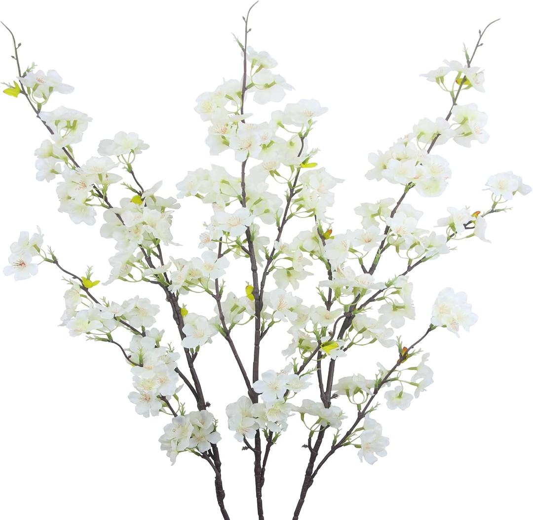 CISDUEO 3Pcs Artificial Cherry Blossom Flower White Silk Peach Flowers Bulk Plum Blossom Flowers with Leaves Cherry Blossom Branches Vase Arrangements for Spring Wedding Indoor Outdoor DIY Party Decor