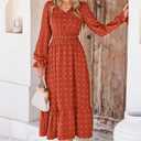 MASCOMODA Women Maxi Dress 2025 Fall Long Sleeve V Neck Swiss Dot Boho Smocked High Waisted A-Line Tiered Flowy Long Dresses (M)