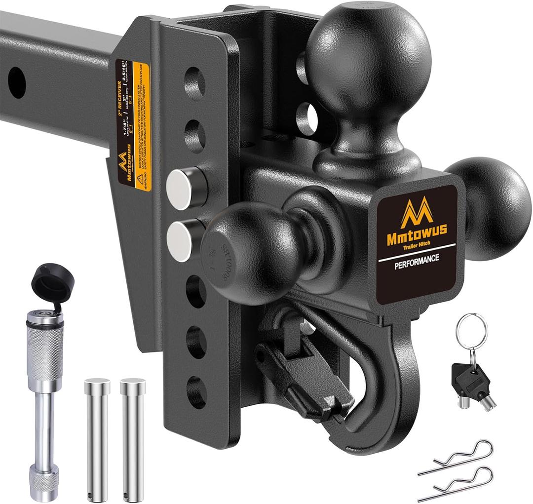 Adjustable Trailer Hitch - Drop Hitch -Tri Ball Mount with Hook (1-7/8'', 2''&2-5/16''), Fits 2-Inch Receiver, 6'' Drop/Rise 12,500 LBS GTW Tow Hitch, 3 Ball Hitches for Trucks, RV, Camper etc