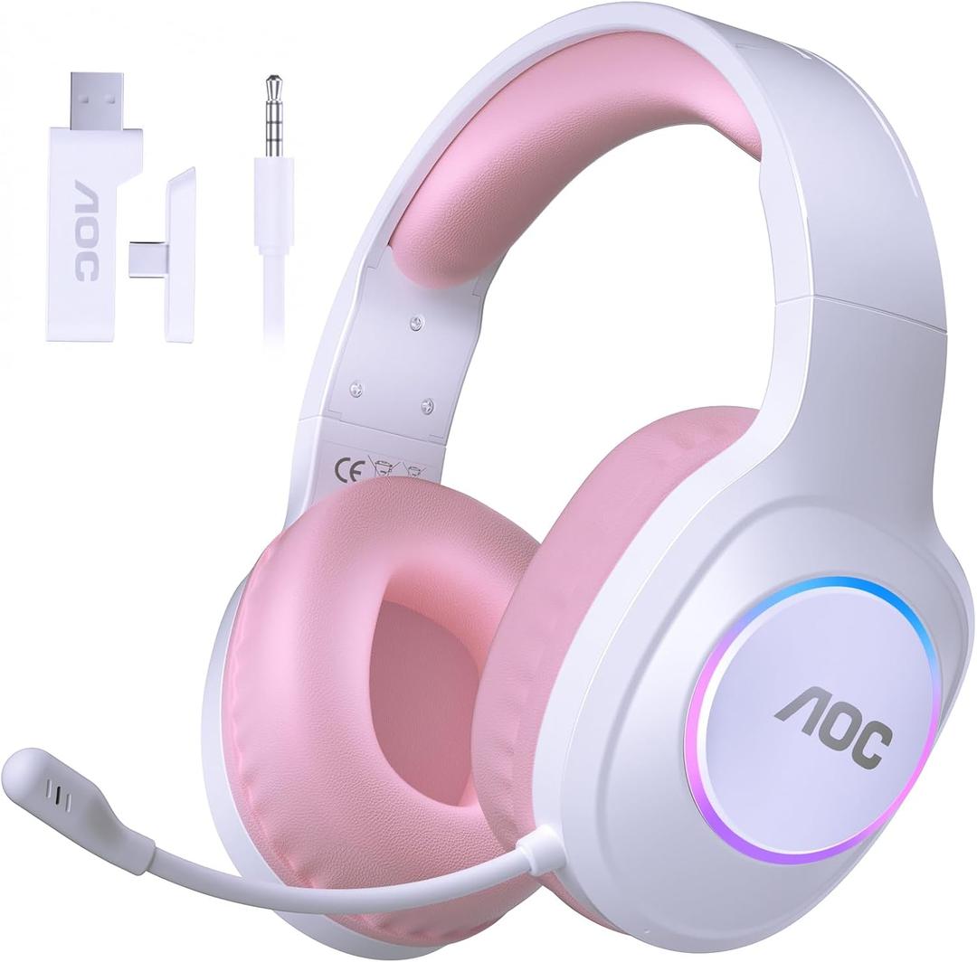 AOC Wireless Gaming Headset Compatible with PS5/4, Switch, PC- Pink | USB-C & Bluetooth 5.4 & 2.4GHz Gaming Headphones with Noise Canceling Mic, 7.1 Virtual Surround, 20ms Latency, 45H, RGB