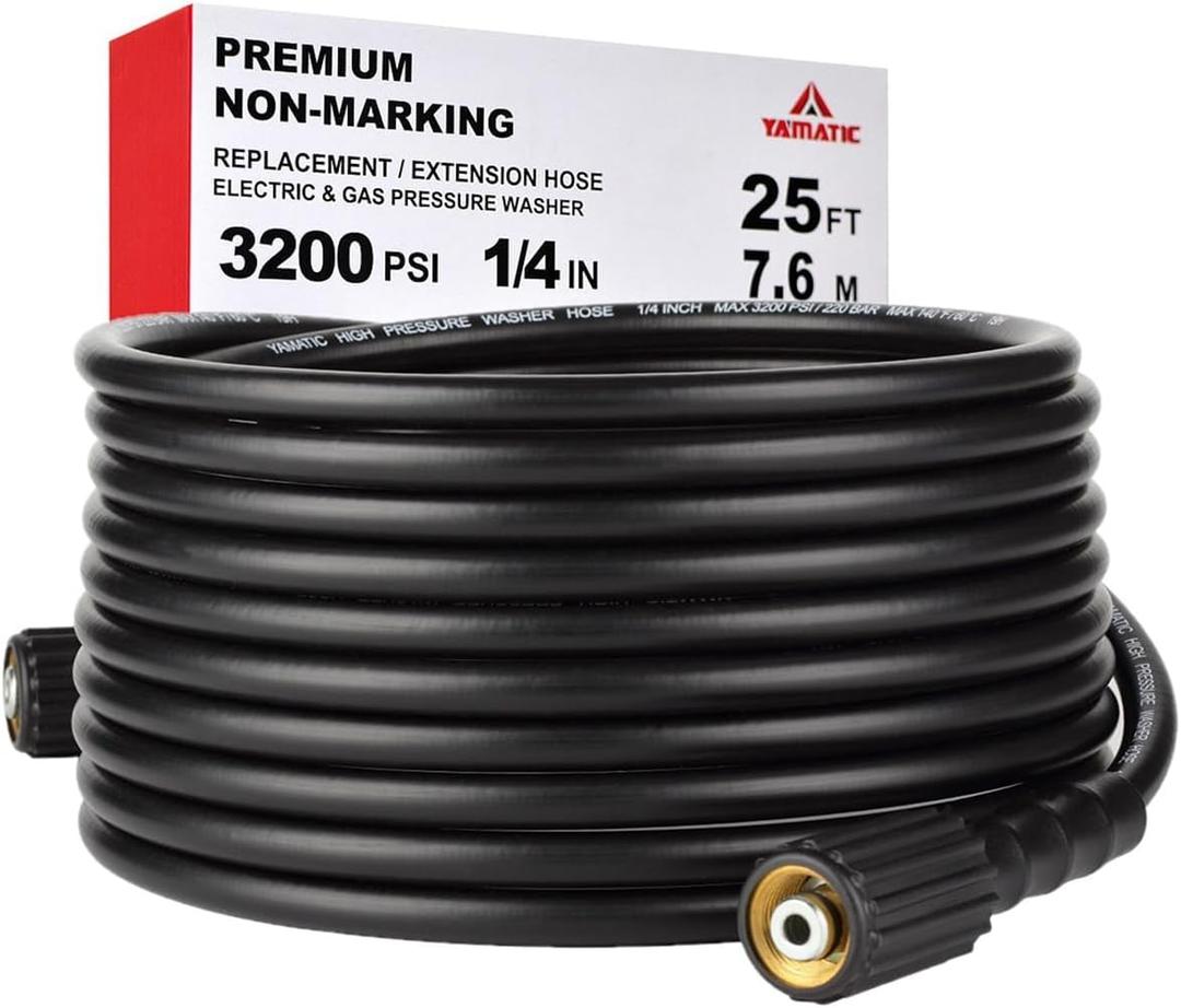 YAMATIC Pressure Washer Hose 25FT 1/4" Kink Resistant M22 Brass Fitting Power Washer Hose Replacement for Ryobi, Troy Bilt, Greenworks, CRAFTSMAN & More High PressureWashers, 3200 PSI