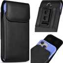 Holster Compatible with iPhone 16 15 14 13 12 Pro Galaxy S25 24 23 22 Leather Cell Phone Belt Holder Case with Clip and Magnetic Closure for Men Women (Fits Protective Cover on), Black