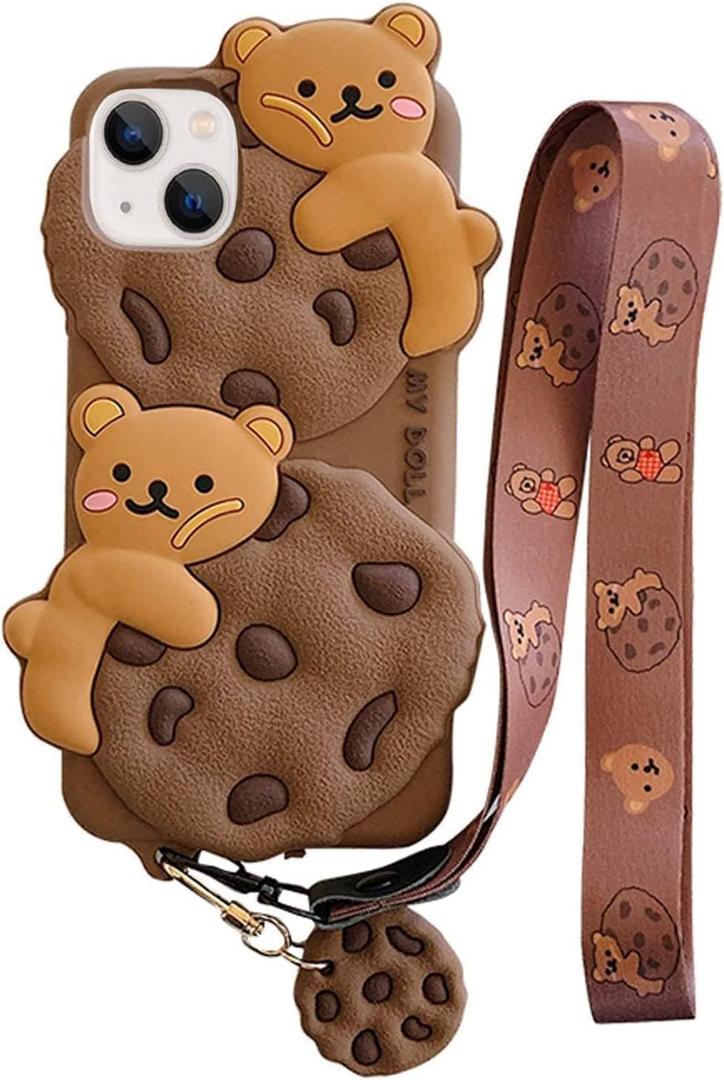 Yatchen Bear Case for iPhone 16,Cute Cookie Bear Kawaii Phone Cases 3D Cartoon Cover with Keychain Strap Lanyard Funny Women Girls Soft Silicone Protector for iPhone 16