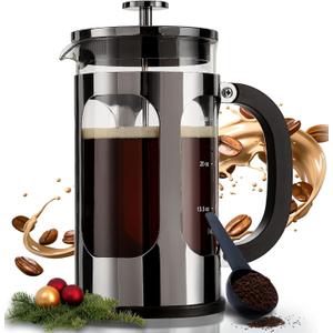 BAYKA French Press Coffee Maker, 4-Level Filtration, Easy to use, Large 304 Stainless Steel Press, Cold Brew Heat Resistant Thickened Borosilicate Pot for Camping Travel Gifts, 34 Ounce, Dark Pewter