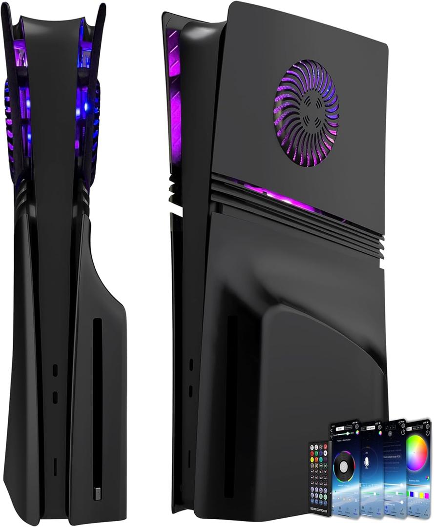 Faceplate for PS5 Pro Disc Edition with RGB Light Strip and Dust Filter with Cooling Vents DOBEWINGDELOU 400+ Effects LED Light Ring Console Face Plate Cover DIY Decoration Kit Accessories Black