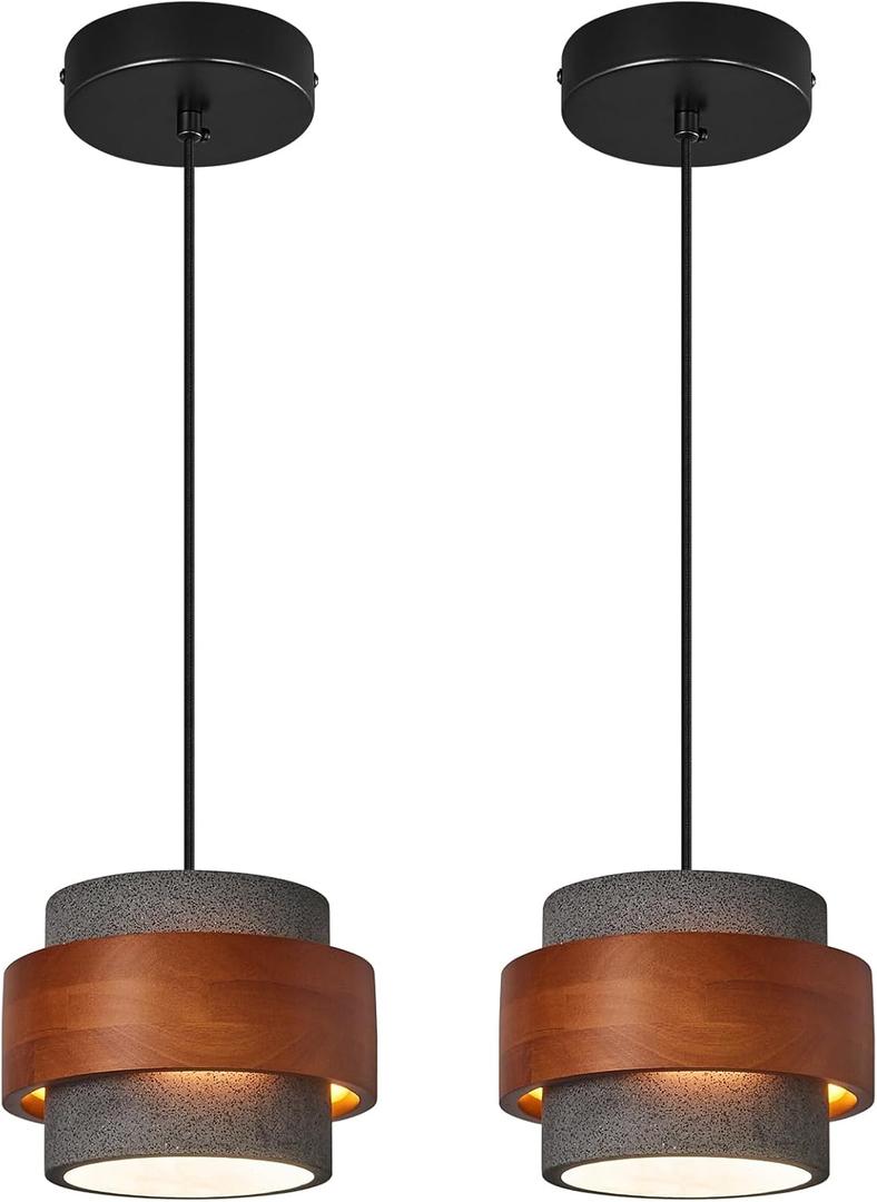 Modern Cement Pendant Light Fixture,Concrete Pendant Lights with Wood Accent,Vintage Farmhouse Chandelier for Kitchen Island Dining Room Living Room Bedroom Restaurant Cafe(Black 2-Pack)