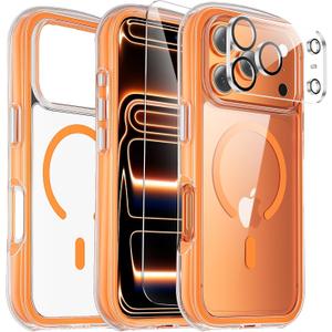 3-in-1 Air for Heavy Duty iPhone 17 Pro Max Case with Screen Protector & Camera Lens Protector,[Fits MagSafe][Military-Grade Protection] [Built-in Airbag] Shockproof Case for 17 Pro Max(Clear-Orange)