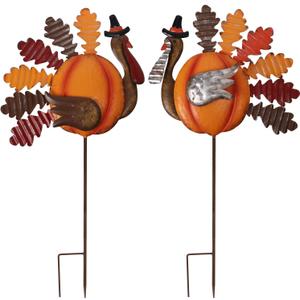 Lulu Home Thanksgiving Turkey Decors, Set of 2 Metal Turkey Stakes Fall Decor, Happy Thanksgiving Autumn Fall Outdoor Decorations