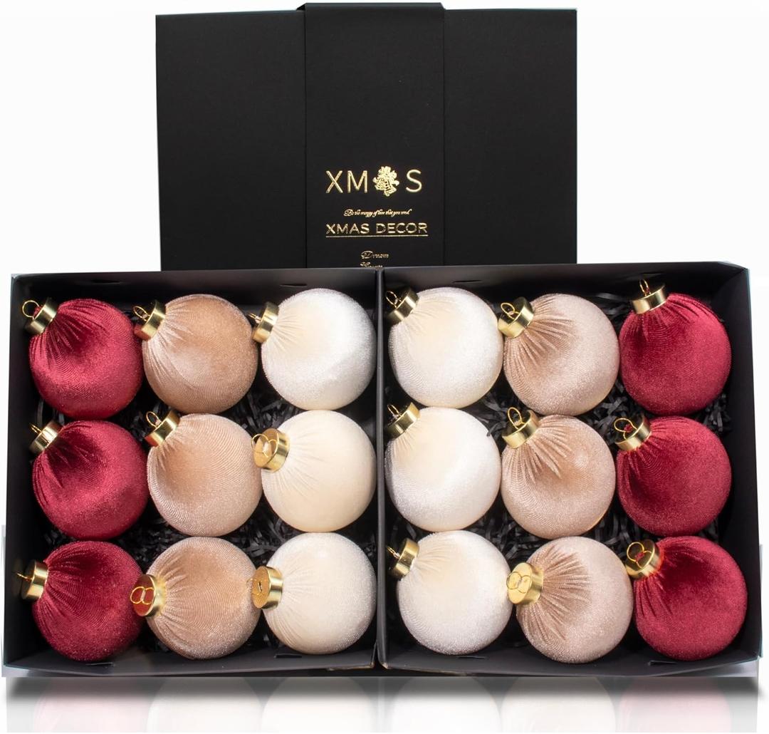 18PCS Velvet Christmas Ornaments Set  Large Matte Flocked Shatterproof Baubles for Xmas Tree Decoration, Luxury Hanging Ornaments for Holiday & Home Dcor (Red, Brown, White, 3 Inch / 8 cm)