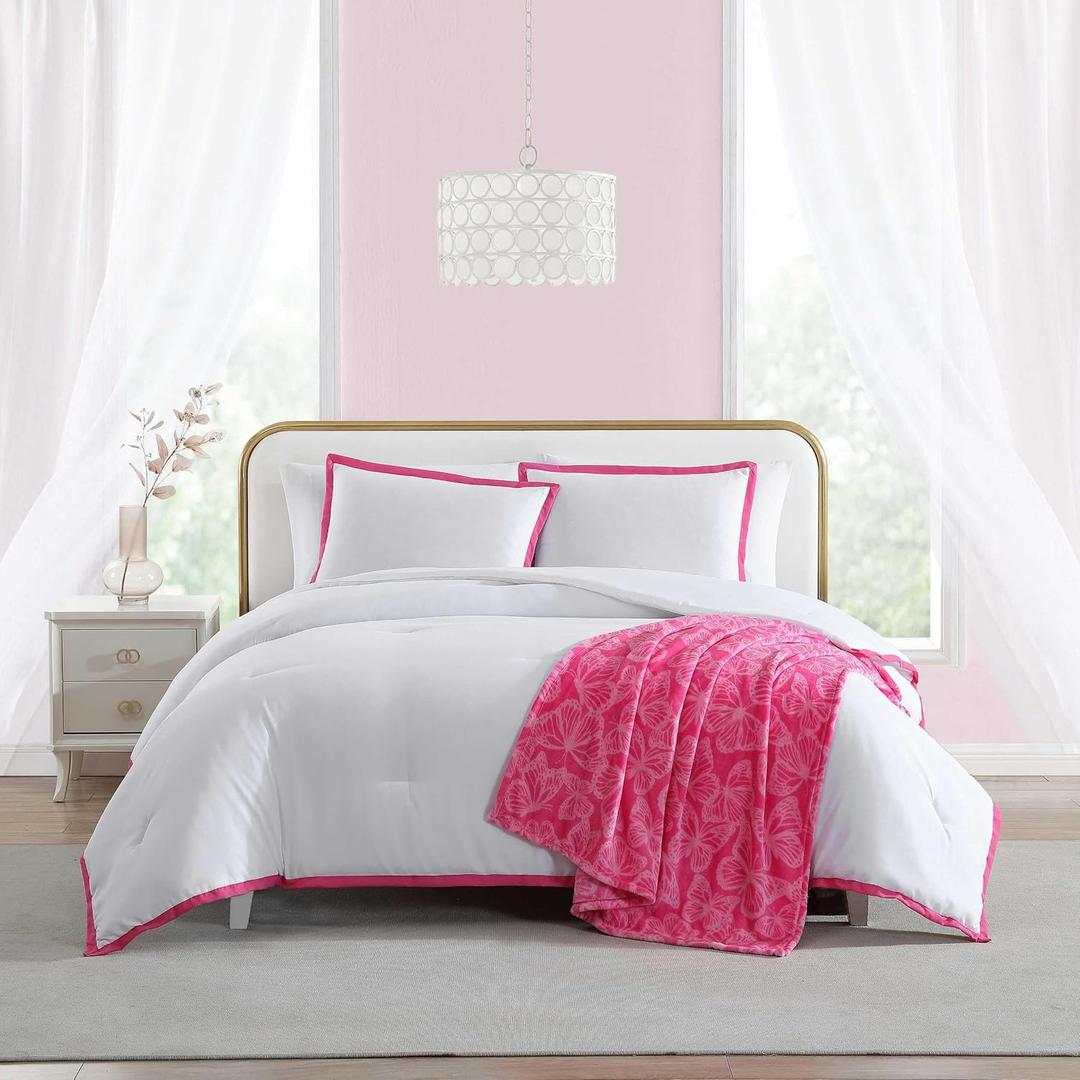 Betsey Johnson - Queen Bedding Set, Soft Comforter Set with Matching Pillowcases & Bonus Ultra-Soft Plush Throw Blanket, Lightweight Bed Set for Year-Round Use, 4 Piece Bed Set (Signature Hotel Pink)