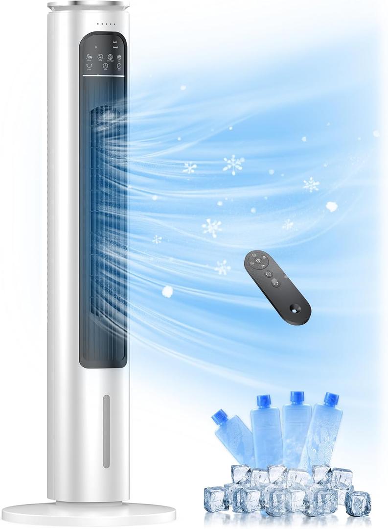 Evaporative Air Cooler, 37 Portable Air Conditioners, Swamp Cooler,4 Modes, 12H Timer, 70 Oscillating, Removable Water Tank, Ice Packs, Remote, Cooling Ac Tower Fan for Bedroom, Room, Indoor