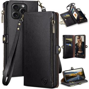 XcaseBar Compatible with iPhone 16 Pro 6.3" Wallet case with Zipper Credit Card HolderRFID Blocking,Flip Folio Book PU Leather Phone case Shockproof Cover Women Men for Apple 16 Pro case Black
